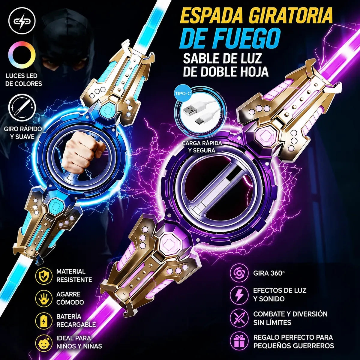 Espada Giratoria De Doble Hoja Luces Y Sonidos